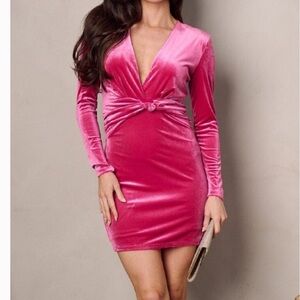HYFVE Long Sleeve V Neck Crushed Velvet Mini Dress - Pink